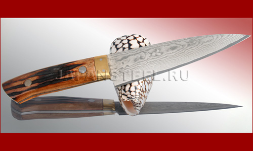 Нож кухонный Takeshi Saji ST-01 Custom Damascus Gyuto Stag Bone 135mm ― Интернет-магазин уникальных ножей и мечей