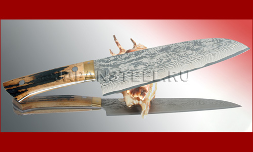 Нож кухонный Takeshi Saji ST-02 Custom Damascus Santoku Stag Bone 180mm ― Интернет-магазин уникальных ножей и мечей